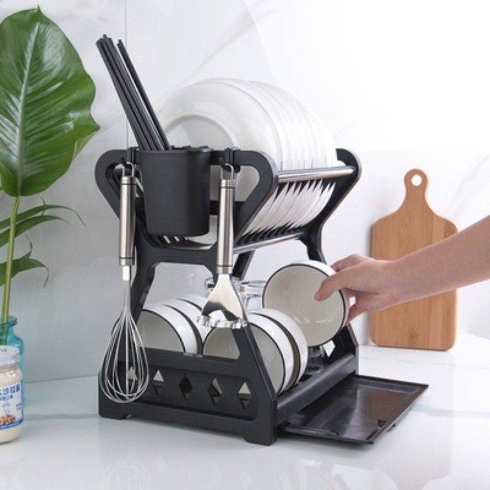 Double Layer Kitchen Dishes Storage Drain Rack Household Plastic Dishes Storage